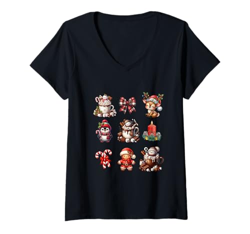 Damen Christmas Holidays Reindeer Penguin Snowman Gingerbread T-Shirt mit V-Ausschnitt Damen Christmas Holidays Reindeer Penguin Snowman Gingerbread T-Shirt mit V-Ausschnitt von Holidays Reindeer Penguin Snowman Gingerbread
