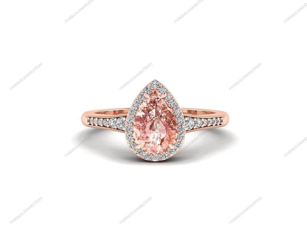 Einzigartiger Pfirsich Morganit Verlobungsring, 14K Sterling Silber Ring, Roségold Art Deco Ehering, Geschenk Für Sie von HolidazeJewelryStore