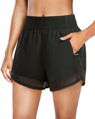 Holipick 7,6 cm hohe Taille Laufshorts mit Netzfutter, schnell trocknend, leicht, Fitnessstudio, Training, athletische Shorts, Reißverschlusstaschen, Schwarz, Klein von Holipick