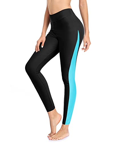 Holipick Badehose für Damen, Schwimm-Leggings, hohe Taille, Badehose, LSF 50+, Rashguard-Hose, Schwarz & Hellblau, Medium von Holipick