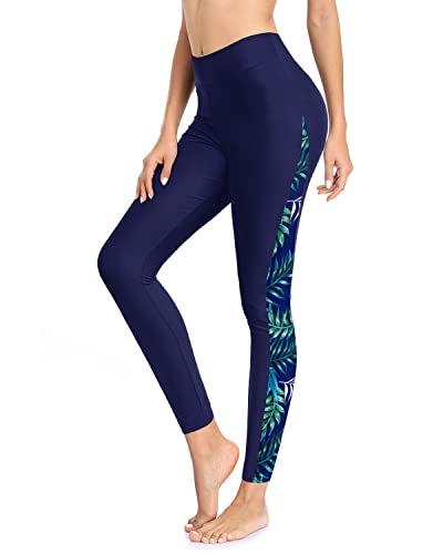 Holipick Badehose für Damen, Schwimmleggings mit hoher Taille, LSF 50+, Blaue Blätter, Large von Holipick