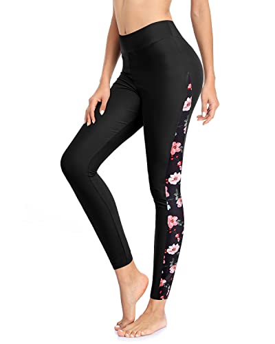 Holipick Badehose für Damen, Schwimmleggings mit hoher Taille, LSF 50+, Schwarze Blumen, XL von Holipick