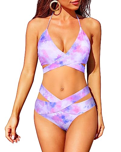 Holipick Bikini Swimsuit for Women Two Piece High Waisted Swimsuits Criss Cross Halter Knotted Bathing Suits, Tye Dye, XL von Holipick