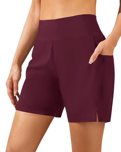 Holipick Damen 12,7 cm hohe Taille schnell trocknende Badehose mit Handytaschen UPF50+ Badehose mit Futter, Weinrot, Large von Holipick