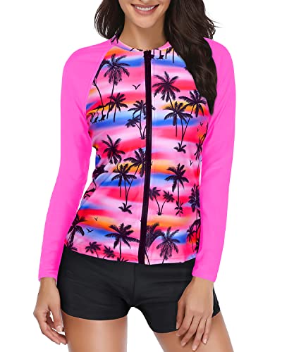 Holipick Damen 2-teiliger Rashguard-Badeanzug Langarm Reißverschluss Badeanzug Sonnenschutz UPF 50+ Schwimmshirt mit Shorts, Kokosnussbaum Pink, Large von Holipick