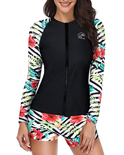 Holipick Damen 2-teiliger Rashguard-Badeanzug Langarm Reißverschluss Badeanzug Sonnenschutz UPF 50+ Schwimmshirt mit Shorts, Rot/Blumenmuster, S von Holipick