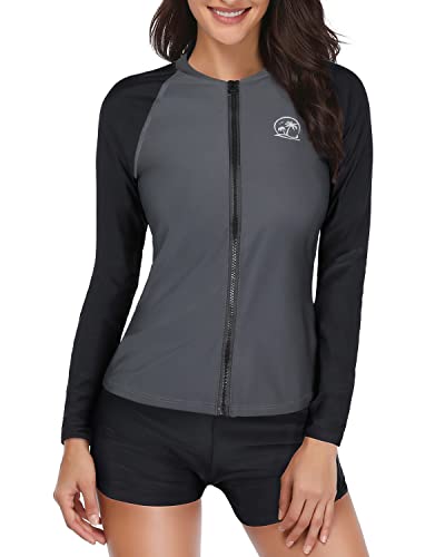 Holipick Damen 2-teiliger Rashguard-Badeanzug Langarm Reißverschluss Badeanzug Sonnenschutz UPF 50+ Schwimmshirt mit Shorts, Schwarz Grau, XL von Holipick