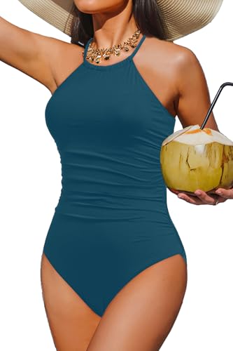 Holipick Damen-Badeanzug mit hohem Halsausschnitt, Bauchkontrolle, Badeanzug für Teenager, Mädchen, überkreuzte Bademode, Pfauenblau, Medium von Holipick