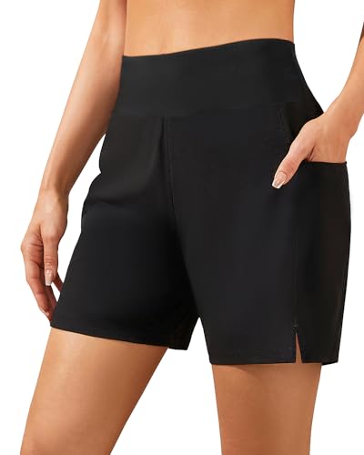 Holipick Damen-Badeshorts für Damen, hohe Taille, Boardshorts mit Taschen, UPF 50+, schnell trocknende Badeshorts mit Futter, Schwarz, S von Holipick