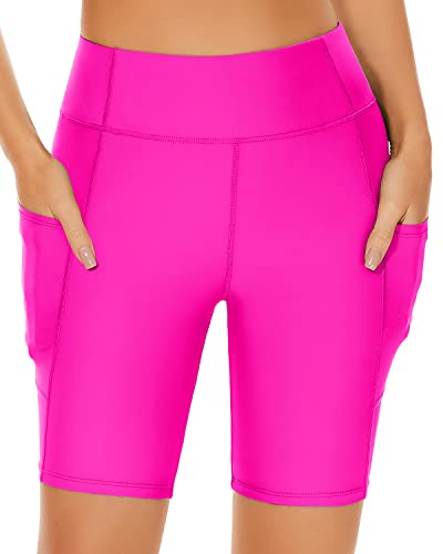 Holipick Damen-Badeshorts mit Bauchkontrolle, hohe Taille, Biker-Shorts mit Taschen, Badeshorts für Jungen, kurze Badehose, Knallpink (Hot Pink), XL von Holipick