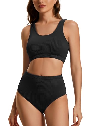 Holipick Damen-Bikini, hohe Taille, zweiteilig, bauchfreies Top, Badeanzug, U-Ausschnitt, Badeanzug für Teenager, Mädchen mit Unterteil, Geripptes Schwarz, XL von Holipick