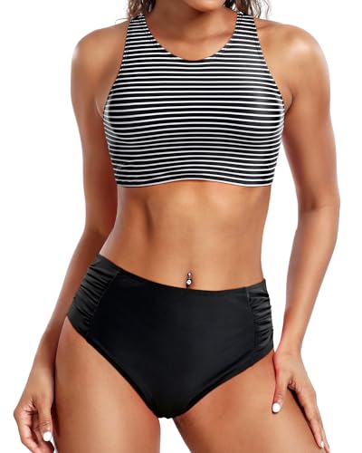 Holipick Zweiteiliges Bikini-Set für Damen, hohe Taille, Racerback, sportliches bauchfreies Oberteil mit Unterteil für Teenager-Mädchen, Schwarz gestreift, Large von Holipick