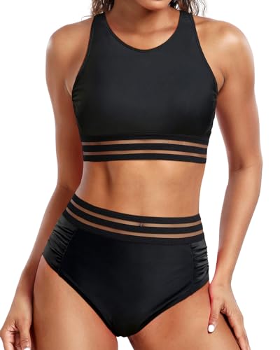 Holipick Zweiteiliger Damen-Bikini, hohe Taille, für Teenager, Mädchen, sportlicher Badeanzug mit Unterteil, sportliche Bademode, Schwarz1, Medium von Holipick