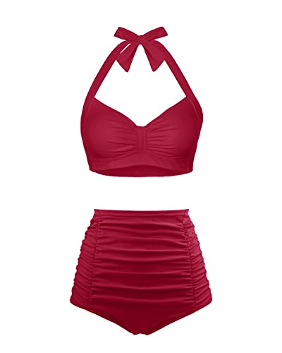 Holipick Damen-Bikini-Set mit hoher Taille, zweiteilig, Bauchkontrolle, Badeanzug, Neckholder-Top mit Unterteil, Badeanzug, Vintage-Badebekleidung, Rote CRIMSON, Large von Holipick