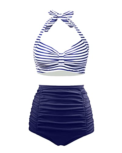 Holipick Damen Bikini-Set mit hoher Taille, zweiteilig, Bauchkontrolle, Badeanzug, Neckholder-Top mit Unterteil, Badeanzug, Vintage-Bademode, Blauer Streifen, Medium von Holipick