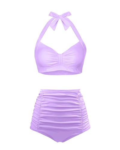 Holipick Damen-Bikini-Set mit hoher Taille, zweiteilig, Bauchkontrolle, Badeanzug, Neckholder-Top mit Unterteil, Vintage-Bademode, Lavendel, S von Holipick