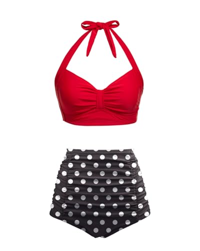 Holipick Damen-Bikini-Set mit hoher Taille, zweiteiliger Badeanzug, Bauchkontrolle, Vintage-Bademode, Neckholder-Bademode, Rot / Schwarz gepunktet, XX-Large von Holipick