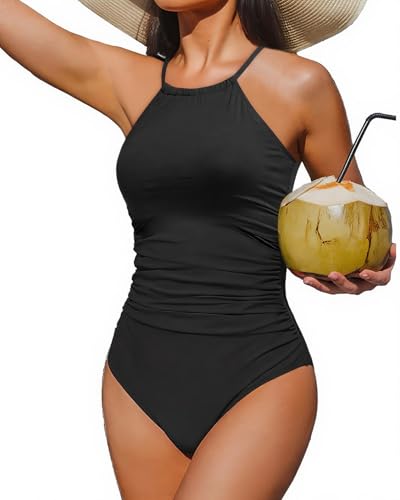 Holipick Damen-Badeanzug mit hohem Halsausschnitt, Bauchkontrolle, Badeanzug für Teenager, Mädchen, überkreuzte Bademode, Schwarz, XX-Small von Holipick
