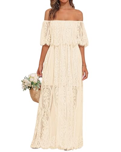 Holipick Damen Schulterfreies Maxikleid aus Spitze, Boho, Hochzeit, Gast, Brautjungfer, Strand, formelles langes Kleid, Beige, Groß von Holipick