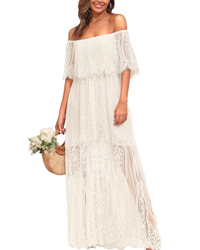 Holipick Damen Schulterfrei Spitze Maxikleid Boho Hochzeit Gast Brautjungfer Strand Formal Langes Kleid, Beige, XX-Large von Holipick