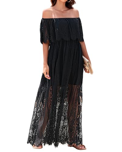 Holipick Damen Schulterfrei Spitze Maxikleid Boho Hochzeit Gast Brautjungfer Strand Formal Langes Kleid, Schwarz, Mittel von Holipick