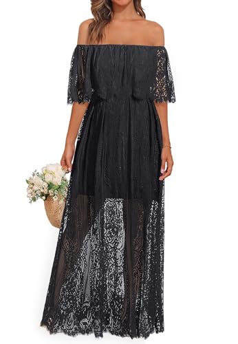 Holipick Damen Schulterfreies Maxikleid aus Spitze, Boho, Hochzeit, Gast, Brautjungfer, Strand, formelles langes Kleid, Schwarz, XX-Large von Holipick