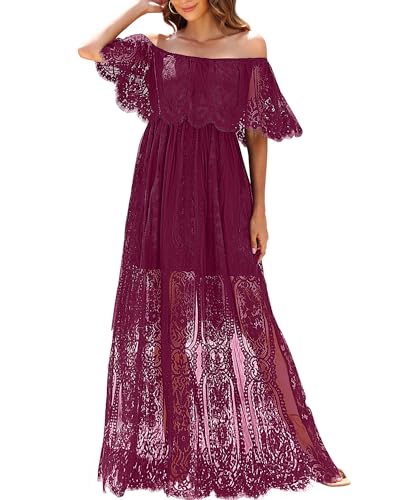 Holipick Damen Schulterfrei Spitze Maxikleid Boho Hochzeit Gast Brautjungfer Strand Formal Langes Kleid, Weinrot, Klein von Holipick