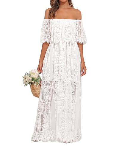 Holipick Damen Schulterfreies Maxikleid aus Spitze, Boho, Hochzeit, Gast, Brautjungfer, Strand, formelles langes Kleid, Weiss/opulenter Garten, X-Groß von Holipick