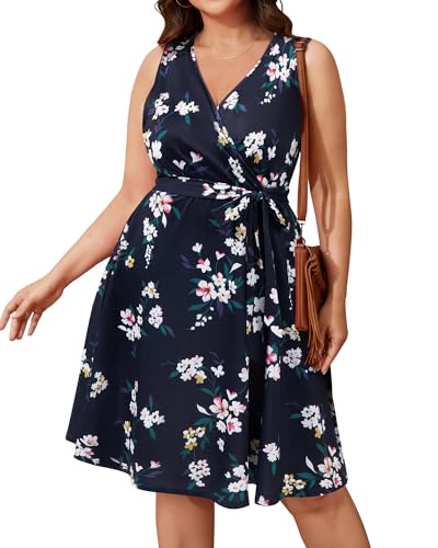 Holipick Damen-Sommerkleid, Übergröße, V-Ausschnitt, ärmelloses Wickelkleid mit Taschen, Marineblau mit Blumenmuster, 52 Mehr von Holipick