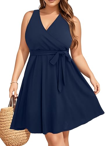 Holipick Damen-Sommerkleid, Übergröße, ärmellos, V-Ausschnitt, Wickelkleid, Sommerkleid, Freizeitkleid mit Taschen, Blau, 50 Mehr von Holipick