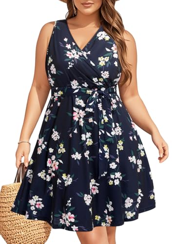 Holipick Damen-Sommerkleid, Übergröße, ärmellos, V-Ausschnitt, Wickelkleid, Sommerkleid, Freizeitkleid mit Taschen, Marineblau mit Blumenmuster, 50 Mehr von Holipick
