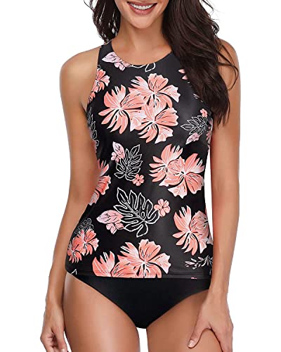 Holipick Zweiteilige Tankini-Sets Badeanzüge für Frauen Bauchkontrolle Badeanzüge Hoher Hals Neckholder Schwimmen Tank Top mit Shorts, Schwarze Blume, Small von Holipick