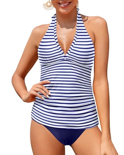 Holipick Damen Zweiteilige Tankini Badeanzüge Bauchweg Neckholder Badeanzüge Rüschen V Ausschnitt Tankini Oberteil mit Bikinihose, Blau gestreift, Large von Holipick