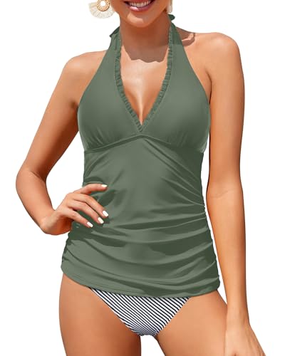 Holipick Damen Zweiteiliger Tankini Badeanzüge Bauchweg Neckholder Badeanzüge Rüschen V-Ausschnitt Tankini Top mit Bikinihose, Grün / gestreift, XL von Holipick