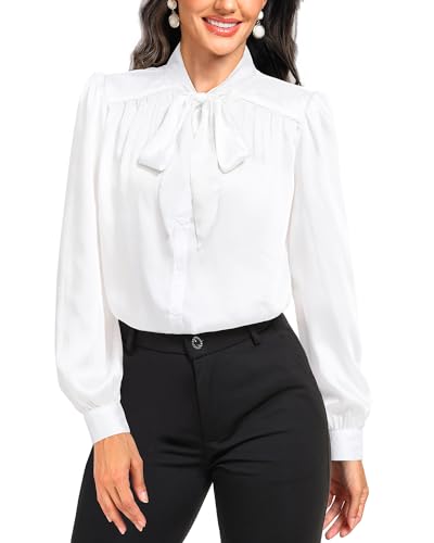 Holipick Damenbluse mit Fliege am Ausschnitt, langärmelig, Seide, Button-Down-Shirt, Chiffon, Büro, elegante Arbeitsoberteile, Weiss/opulenter Garten, Klein von Holipick