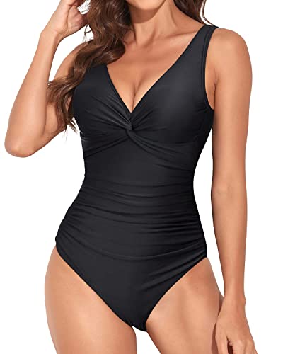 Holipick Einteiliger Badeanzug für Damen, Vintage-Stil, V-Ausschnitt, gedrehter Badeanzug, Bauchkontrolle, schlankmachender Monokini, Schwarz, XX-Large von Holipick