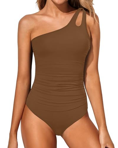 Holipick Einteiliger Badeanzug mit einer Schulter für Damen, Bauchkontrolle, bescheidene volle Abdeckung, Schlüsselloch-Bademode, Braun, Large von Holipick