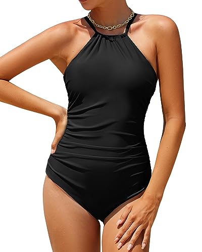 Holipick Einteiliger Badeanzug mit hohem Ausschnitt, Bauchkontrolle, Badeanzug für Damen, überkreuzt, volle Abdeckung, bescheidene Bademode, schwarz, XX-Large von Holipick