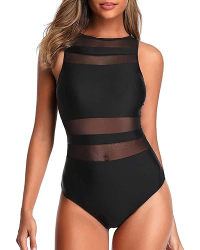 Holipick Frauen High Neck One Piece Badeanzüge Mesh Badeanzüge Open Back Schlankheits Bademode für Teen Girls, Schwarz, XX-Large von Holipick