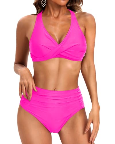 Holipick Frauen Zweiteiliger Badeanzug Hohe Taille Bikini Sets Neckholder Top mit Unterteil Bauch Comtrol Badeanzug, Knallpink (Hot Pink), Medium von Holipick