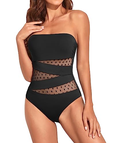 Holipick Frauen trägerlosen Bandeau Einteiler Badeanzüge Sexy Mesh Ausschnitt Badeanzüge Bauchkontrolle Bademode, Schwarz mit Punkten, Large von Holipick