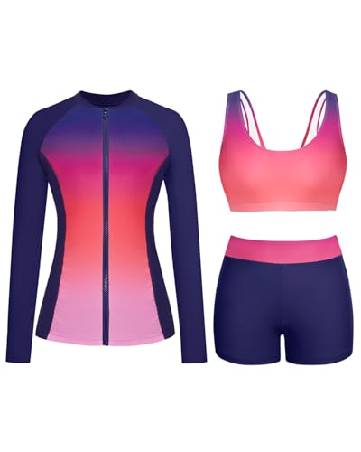 Holipick Langarm-Badeanzüge für Damen – 3-teiliger Rashguard mit Shorts, Reißverschluss, LSF, Schwimmshirt mit integriertem BH, Farbverlauf, XL Holipick Langarm-Badeanzüge für Damen – 3-teiliger Rashguard mit Shorts, Reißverschluss, LSF, Schwimmshirt mit integriertem BH, Farbverlauf, XL von Holipick