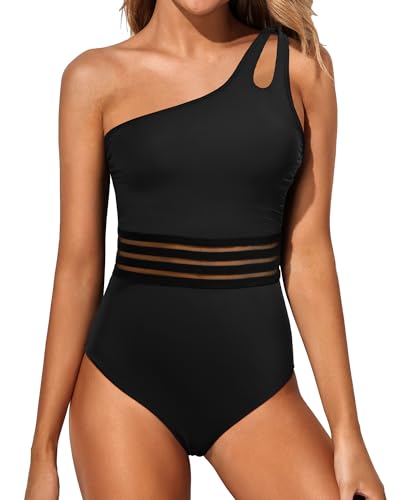 Holipick One Shoulder One Piece Swimsuit for Women Tummy Control Bathing Suits Modest Full Coverage Keyhole Swimwear, Netzstoff (Schwarz), Medium von Holipick
