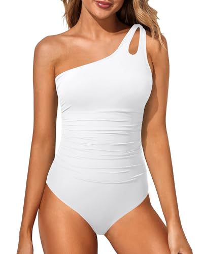 Holipick One Shoulder One Piece Swimsuit for Women Tummy Control Bathing Suits Modest Full Coverage Keyhole Swimwear, Weiss/opulenter Garten, Medium von Holipick