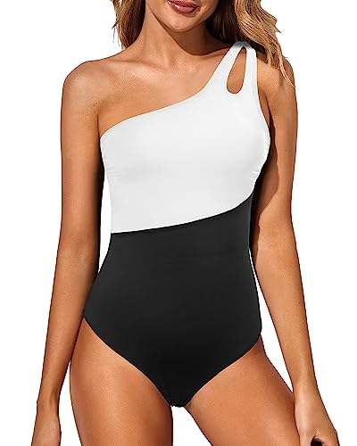 Holipick One Shoulder One Piece Swimsuit for Women Tummy Control Bathing Suits Modest Full Coverage Keyhole Swimwear, schwarz und weiß, Medium Holipick One Shoulder One Piece Swimsuit for Women Tummy Control Bathing Suits Modest Full Coverage Keyhole Swimwear, schwarz und weiß, Medium von Holipick