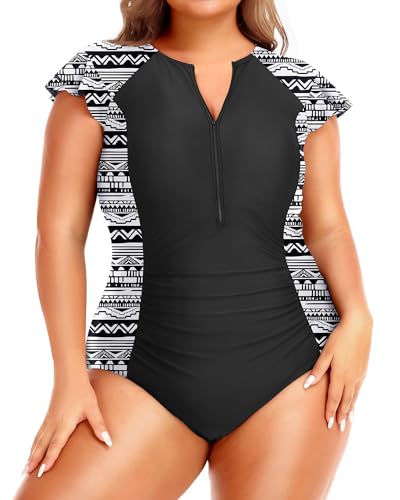 Holipick Plus Size Einteiliger Badeanzug für Frauen Bauchkontrolle Cap Sleeves Badeanzüge Reißverschluss 1 Stück Rash Guard Bademode, schwarz und weiß, 44 Mehr von Holipick