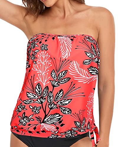 Holipick Red & Leaf trägerloses Tankini-Oberteil für Damen, Bademode, nur Bandeau-Badeanzug, Oberteil, Blouson, Badeanzug, Oberteil, ohne Unterteil, groß, Rot und Blätter, Large von Holipick