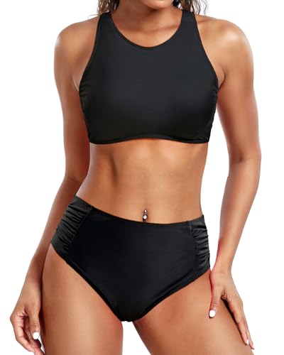 Holipick Solid Black Sporty Racerback High Waisted Bikini Swimsuits Tropical Crop Top Bikini Bathing Suits for Teens Girls L von Holipick