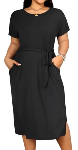 Holipick Sommerkleider in Übergröße für kurvige Frauen, Arbeit, Freizeit, Taillenbindung, kurze Ärmel, T-Shirt, Midi-Kleid mit Taschen, Schwarz, 44 Mehr Holipick Sommerkleider in Übergröße für kurvige Frauen, Arbeit, Freizeit, Taillenbindung, kurze Ärmel, T-Shirt, Midi-Kleid mit Taschen, Schwarz, 44 Mehr von Holipick
