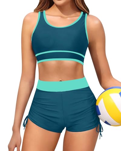 Holipick Sportliches Damen-Bikini-Set, zweiteilig, Farbblock-Badeanzug, Badeanzüge mit hoher Taille, Boy-Shorts, Dunkelgrün/Blau, XL von Holipick